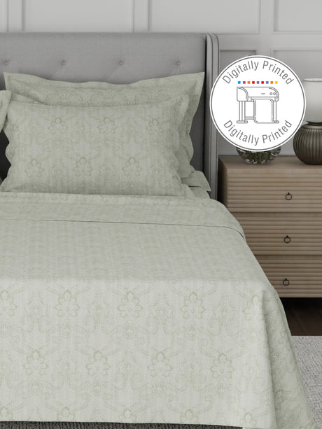 Platinum Pulse 100% Cotton 800 TC Light Green Digitally Printed King Bedsheet with 4 Pillow Covers
