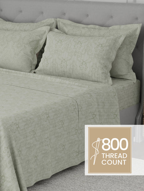 Platinum Pulse 100% Cotton 800 TC Light Green Digitally Printed King Bedsheet with 4 Pillow Covers