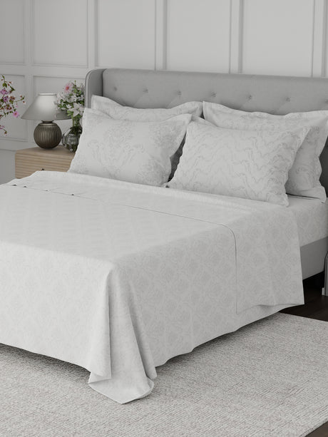 Platinum Pulse 100% Cotton 800 TC White Digitally Printed King Bedsheet with 4 Pillow Covers