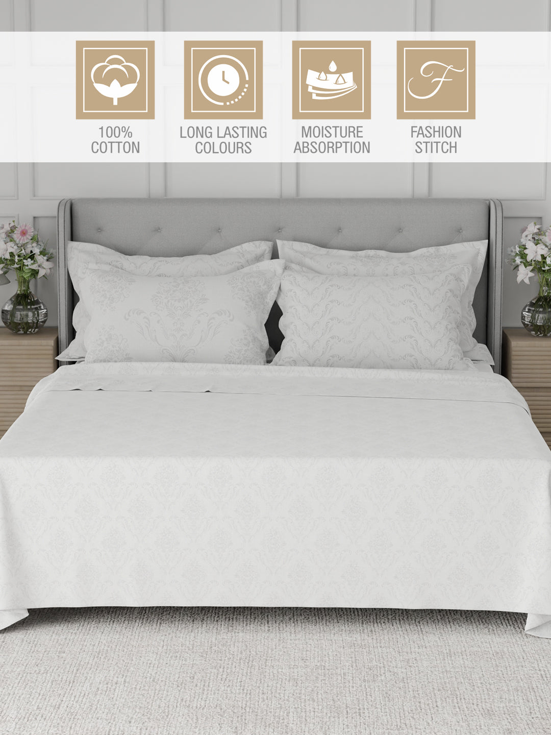 Platinum Pulse 100% Cotton 800 TC White Digitally Printed King Bedsheet with 4 Pillow Covers
