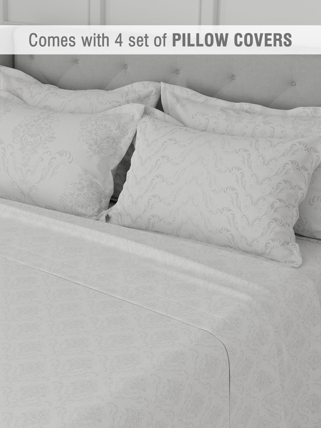 Platinum Pulse 100% Cotton 800 TC White Digitally Printed King Bedsheet with 4 Pillow Covers