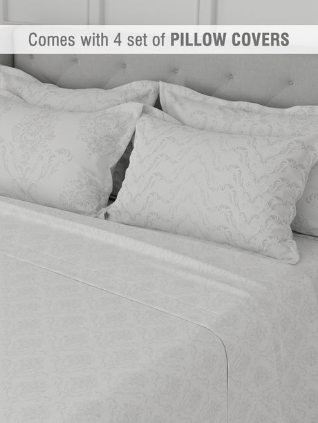 Platinum Pulse 100% Cotton 800 TC White Digitally Printed King Bedsheet with 4 Pillow Covers