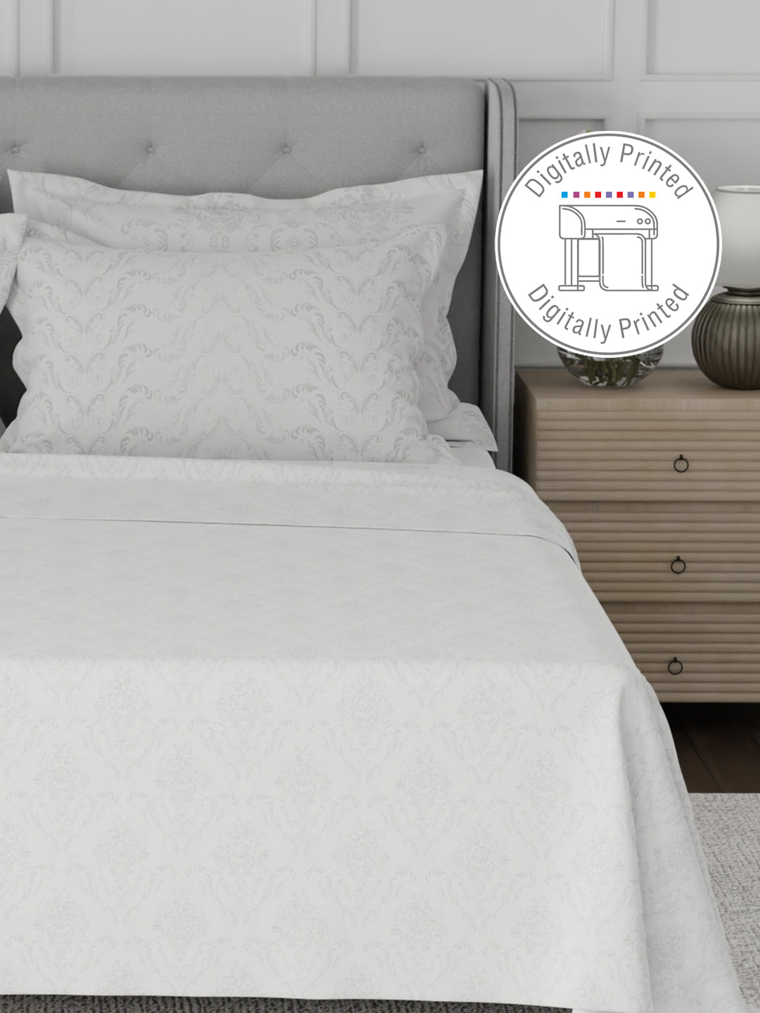 Platinum Pulse 100% Cotton 800 TC White Digitally Printed King Bedsheet with 4 Pillow Covers