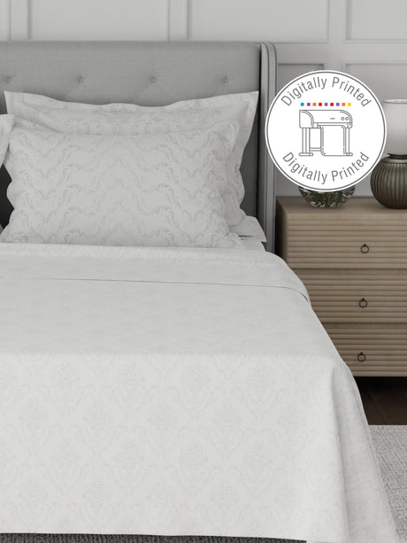 Platinum Pulse 100% Cotton 800 TC White Digitally Printed King Bedsheet with 4 Pillow Covers