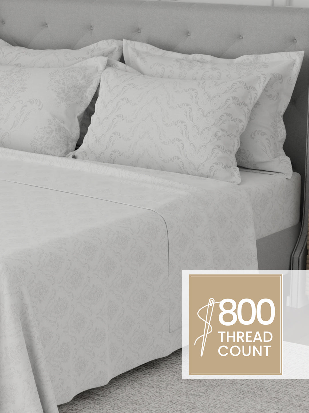Platinum Pulse 100% Cotton 800 TC White Digitally Printed King Bedsheet with 4 Pillow Covers