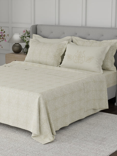 Platinum Pulse 100% Cotton 800 TC Cream Digitally Printed King Bedsheet with 4 Pillow Covers