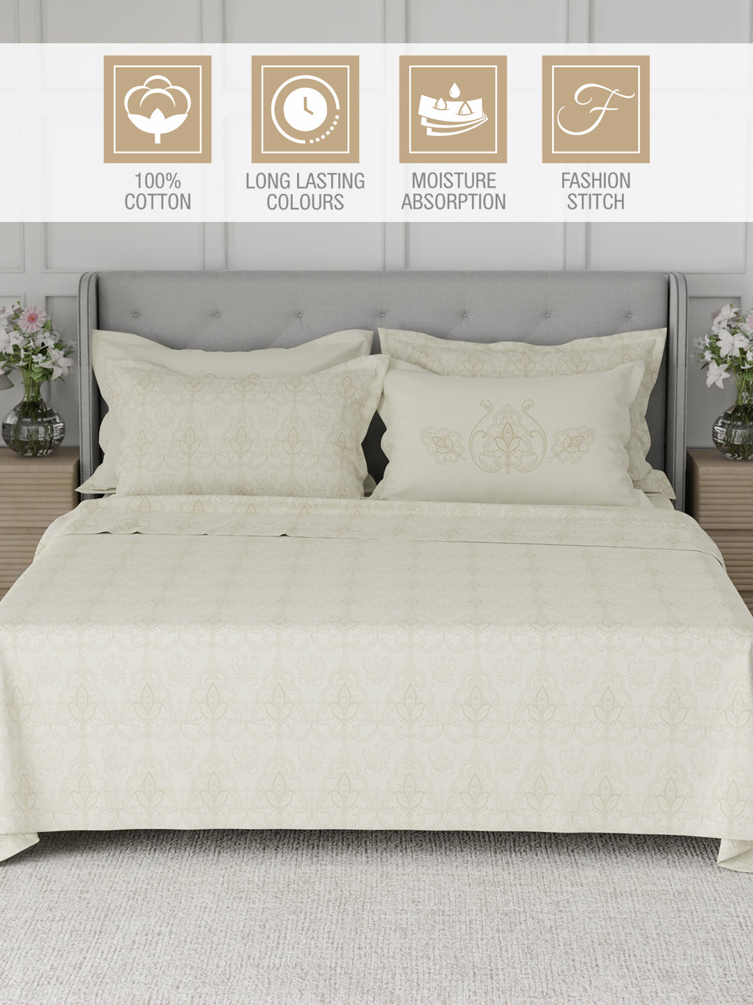 Platinum Pulse 100% Cotton 800 TC Cream Digitally Printed King Bedsheet with 4 Pillow Covers