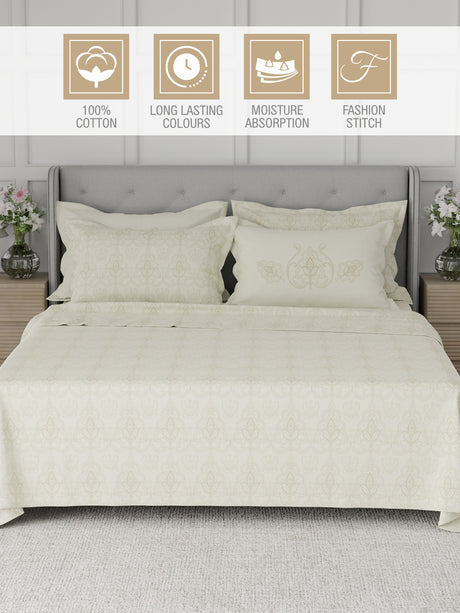 Platinum Pulse 100% Cotton 800 TC Cream Digitally Printed King Bedsheet with 4 Pillow Covers