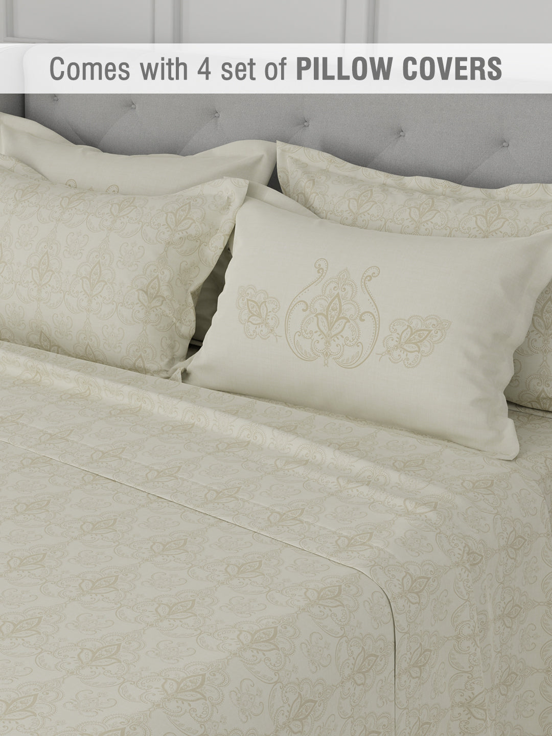 Platinum Pulse 100% Cotton 800 TC Cream Digitally Printed King Bedsheet with 4 Pillow Covers