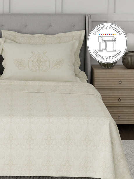 Platinum Pulse 100% Cotton 800 TC Cream Digitally Printed King Bedsheet with 4 Pillow Covers