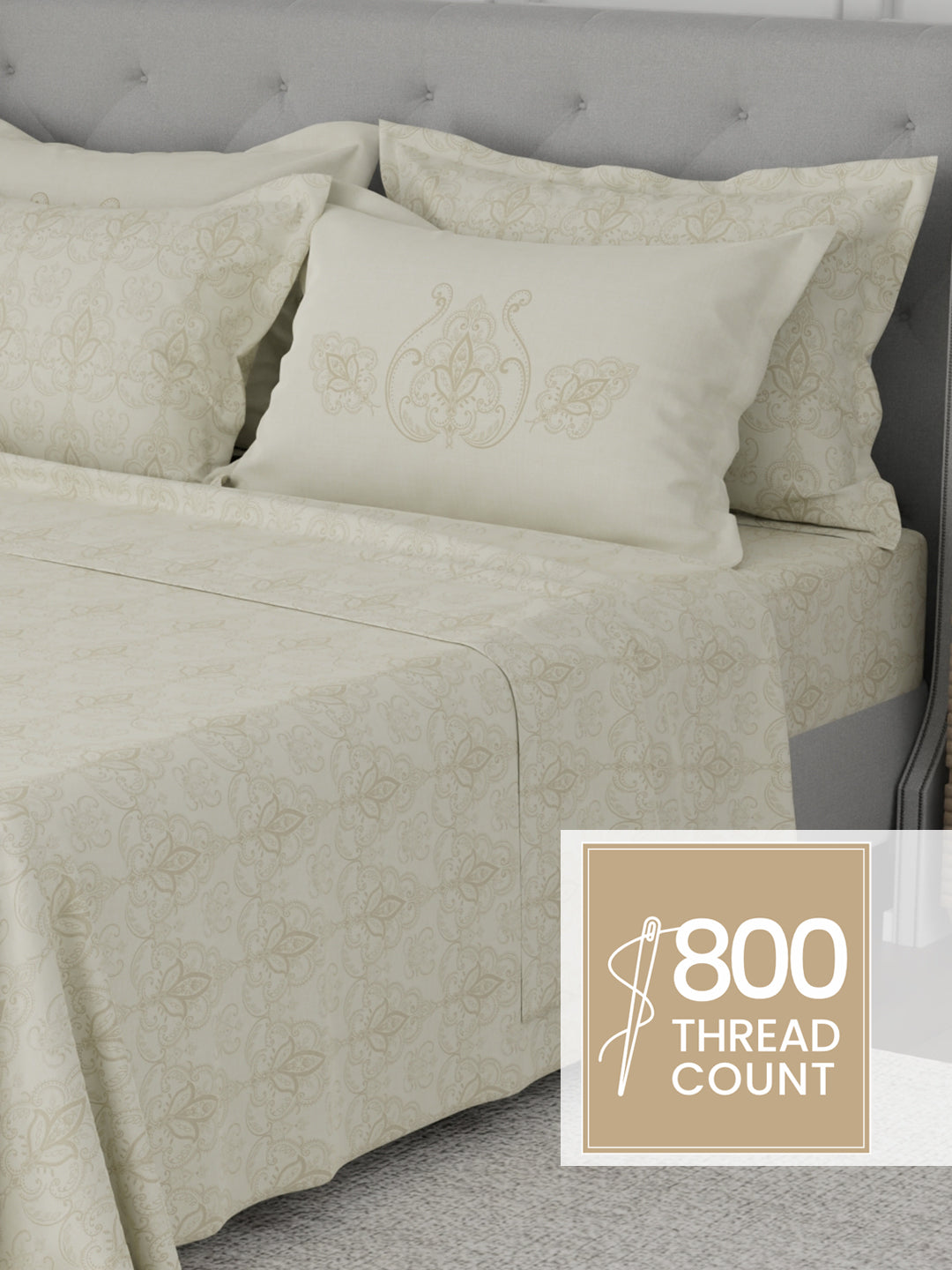 Platinum Pulse 100% Cotton 800 TC Cream Digitally Printed King Bedsheet with 4 Pillow Covers