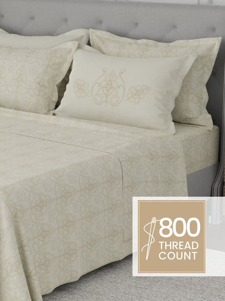 Platinum Pulse 100% Cotton 800 TC Cream Digitally Printed King Bedsheet with 4 Pillow Covers