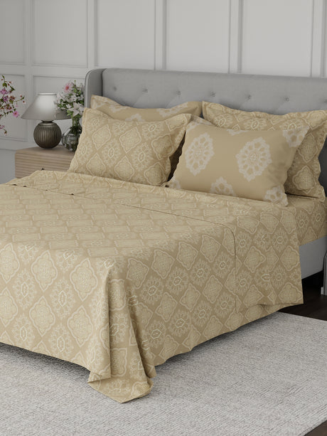 Platinum Pulse 100% Cotton 800 TC Beige Digitally Printed King Bedsheet with 4 Pillow Covers