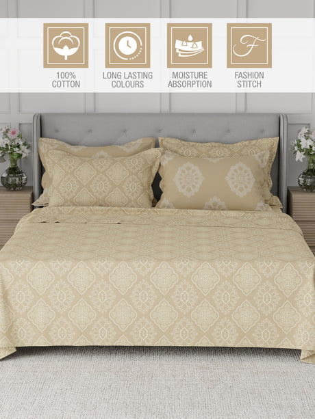 Platinum Pulse 100% Cotton 800 TC Beige Digitally Printed King Bedsheet with 4 Pillow Covers