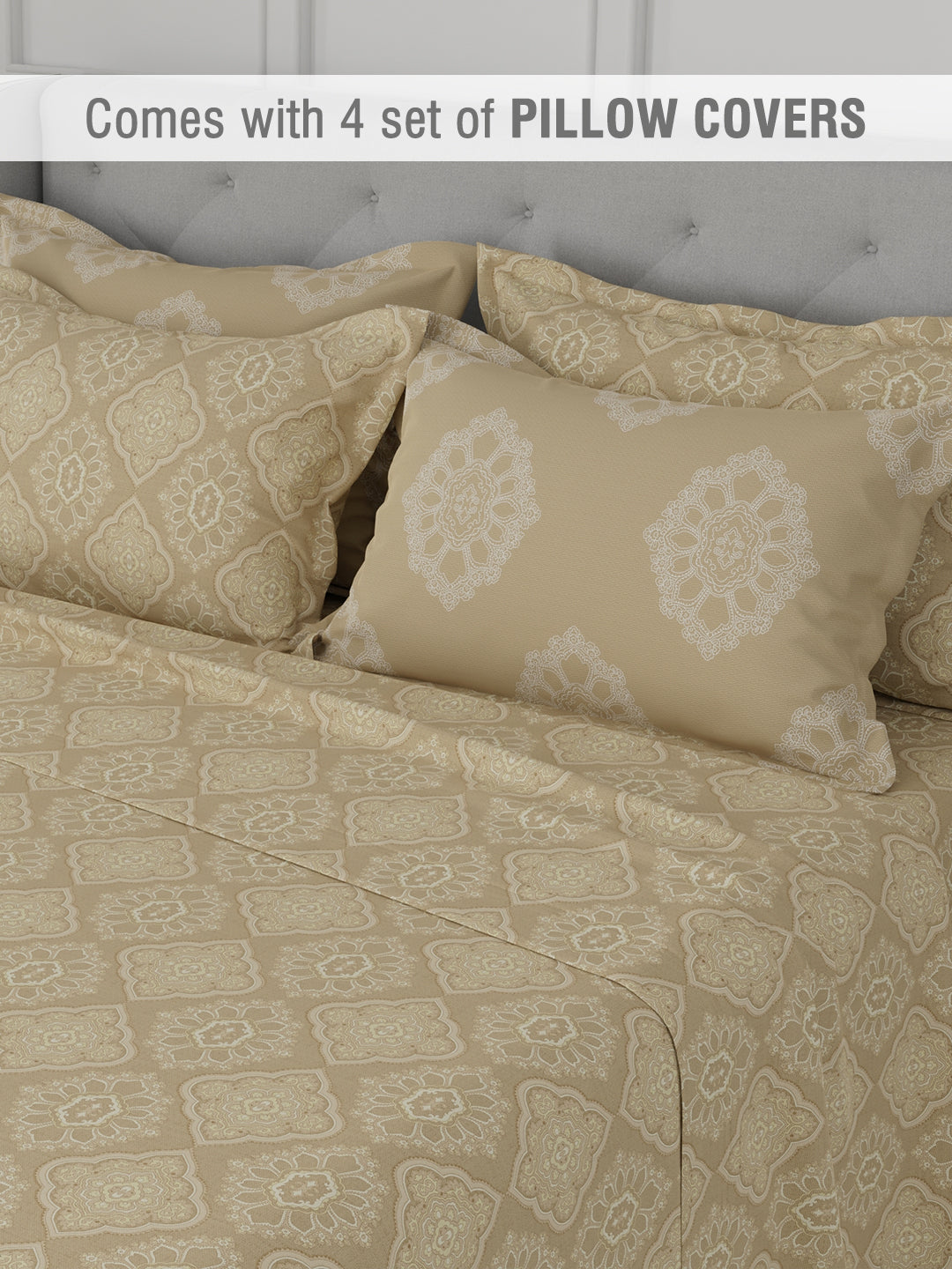 Platinum Pulse 100% Cotton 800 TC Beige Digitally Printed King Bedsheet with 4 Pillow Covers