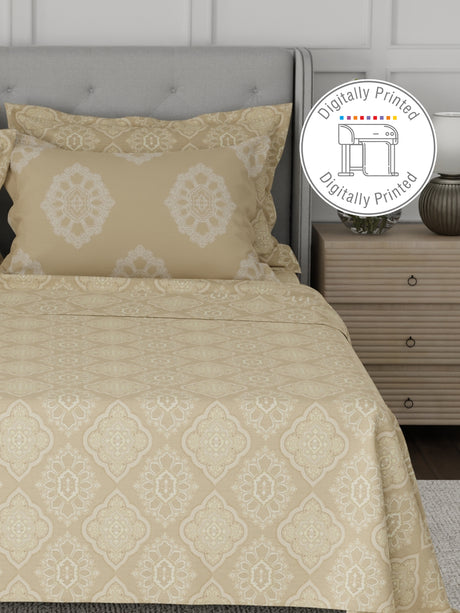 Platinum Pulse 100% Cotton 800 TC Beige Digitally Printed King Bedsheet with 4 Pillow Covers