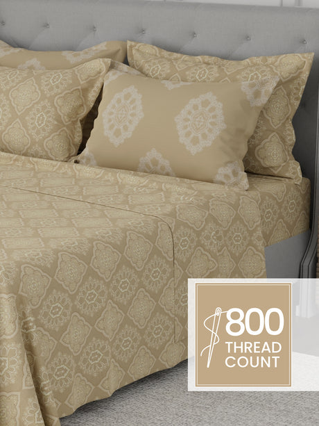 Platinum Pulse 100% Cotton 800 TC Beige Digitally Printed King Bedsheet with 4 Pillow Covers