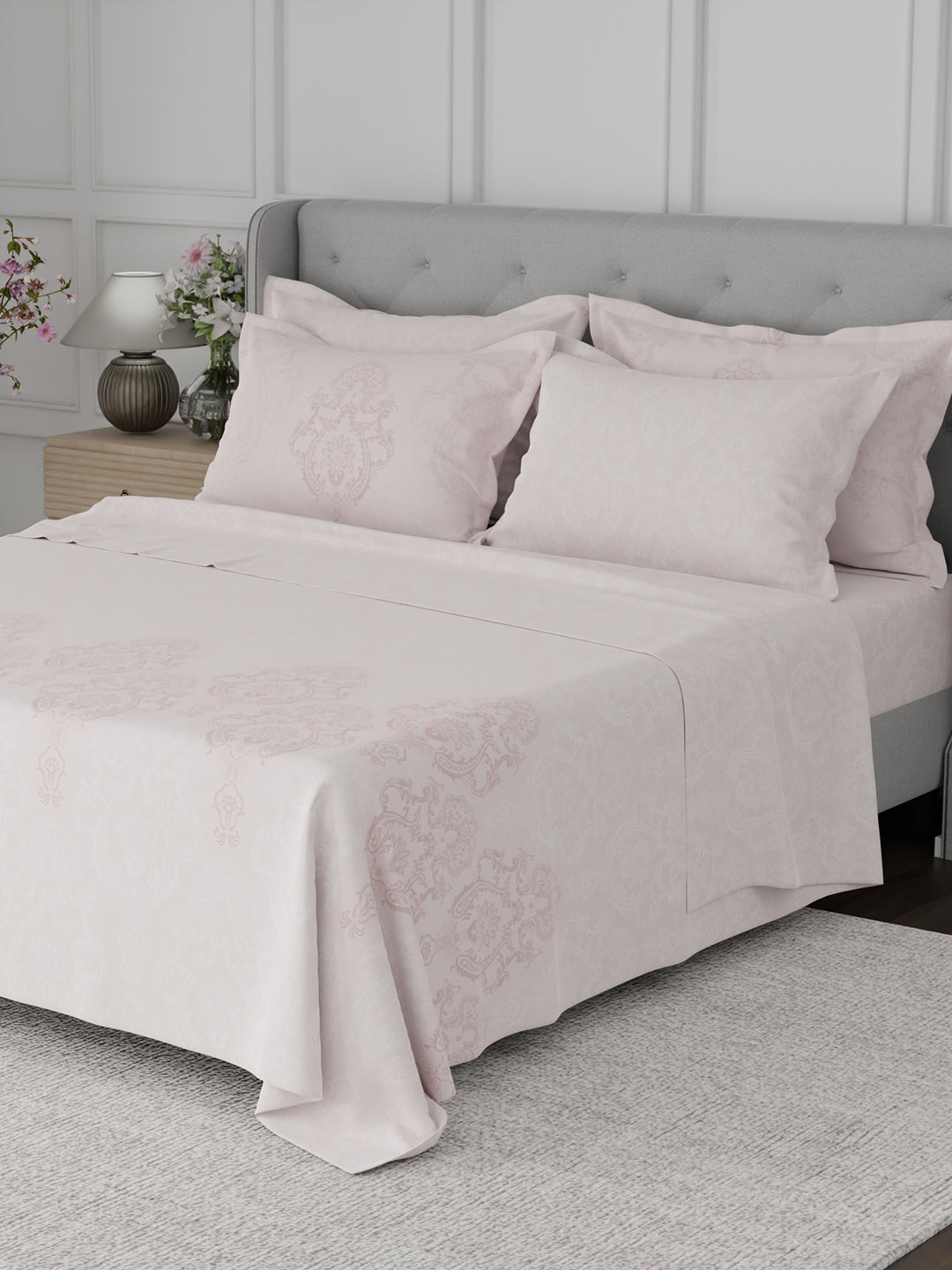 Platinum Pulse 100% Cotton 800 TC Light Pink Digitally Printed King Bedsheet with 4 Pillow Covers