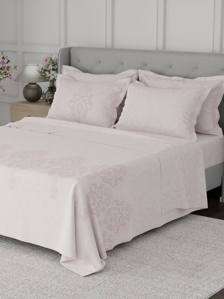 Platinum Pulse 100% Cotton 800 TC Light Pink Digitally Printed King Bedsheet with 4 Pillow Covers