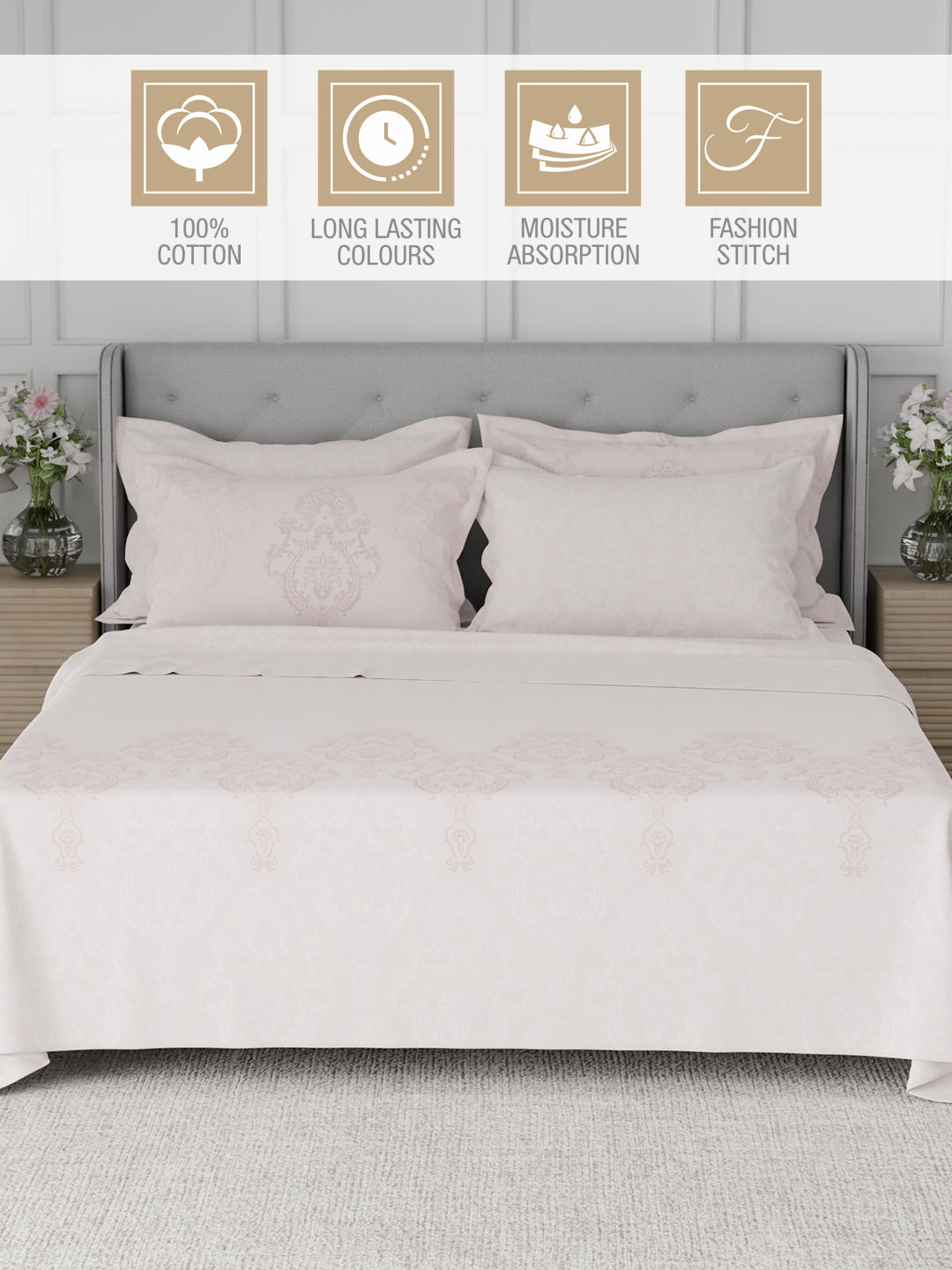 Platinum Pulse 100% Cotton 800 TC Light Pink Digitally Printed King Bedsheet with 4 Pillow Covers