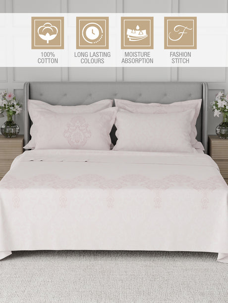 Platinum Pulse 100% Cotton 800 TC Light Pink Digitally Printed King Bedsheet with 4 Pillow Covers