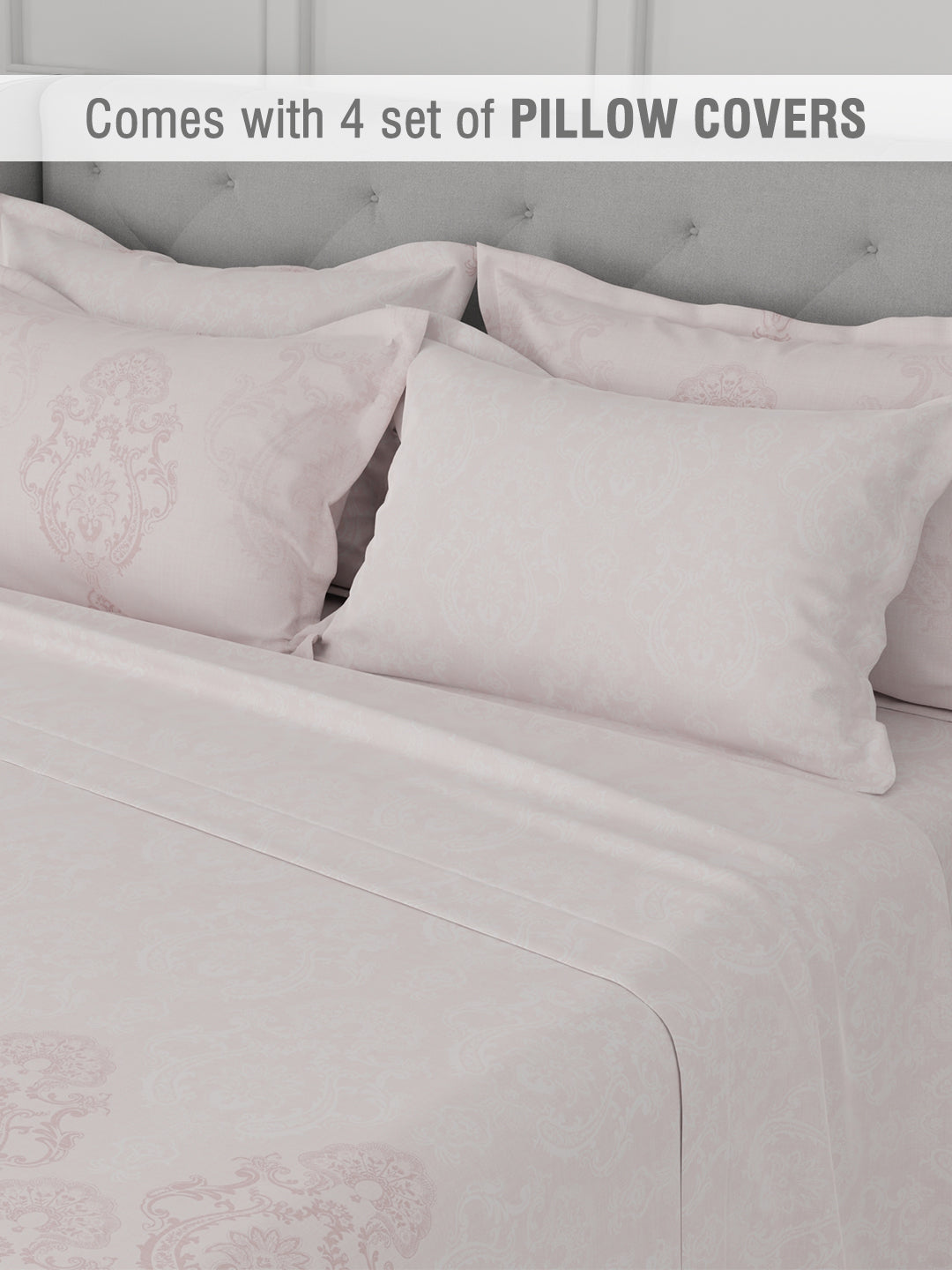 Platinum Pulse 100% Cotton 800 TC Light Pink Digitally Printed King Bedsheet with 4 Pillow Covers