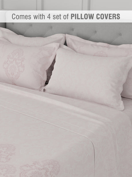 Platinum Pulse 100% Cotton 800 TC Light Pink Digitally Printed King Bedsheet with 4 Pillow Covers