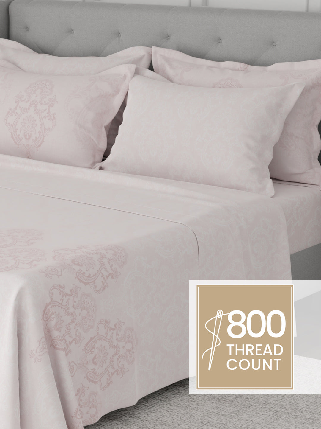 Platinum Pulse 100% Cotton 800 TC Light Pink Digitally Printed King Bedsheet with 4 Pillow Covers