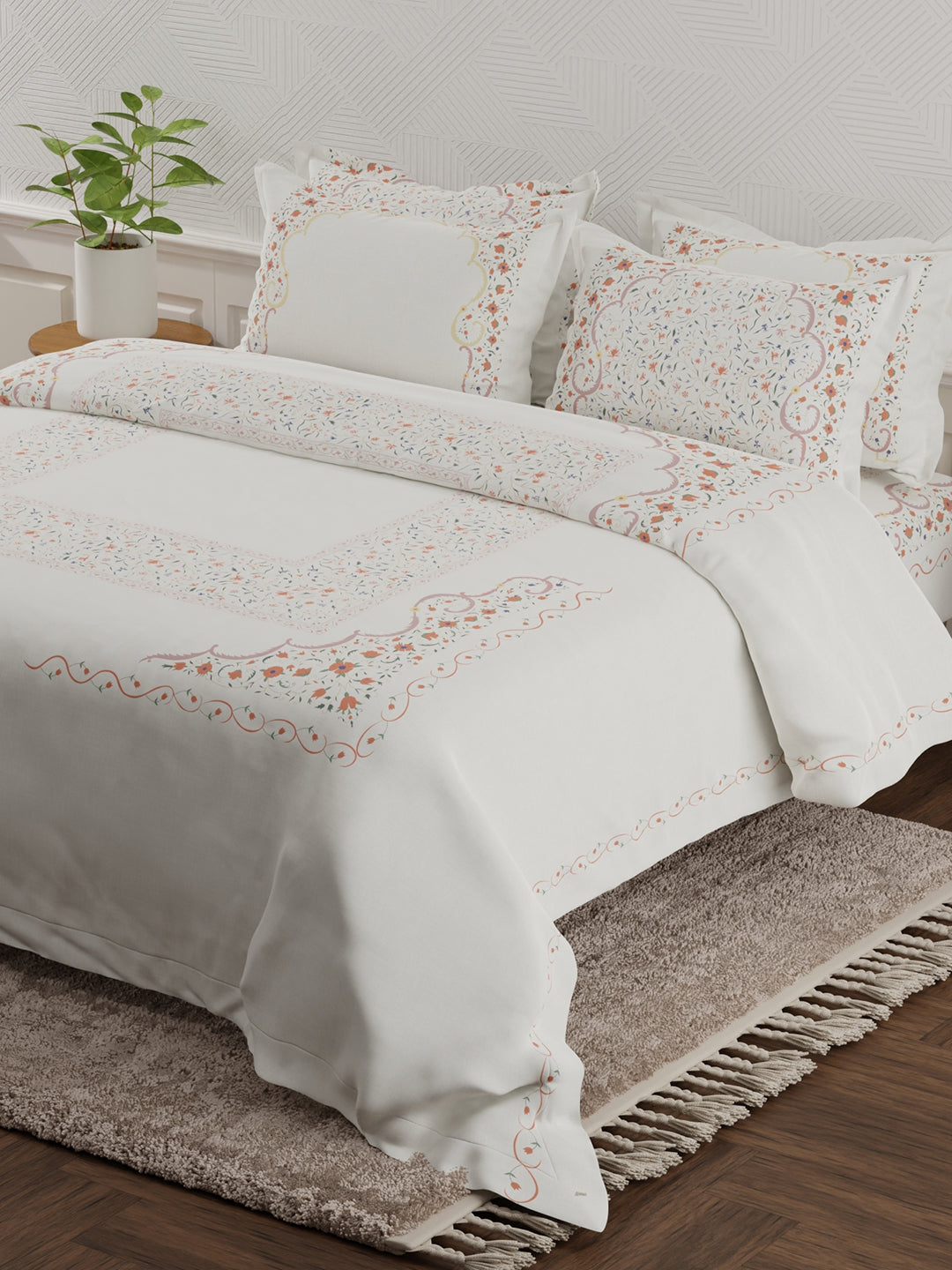 Meenakari Design Prints | 100% Cotton 800 TC White & Red Digitally Printed 1 Bedsheet and 4 Pillow Covers | Platinum Pulse Collection