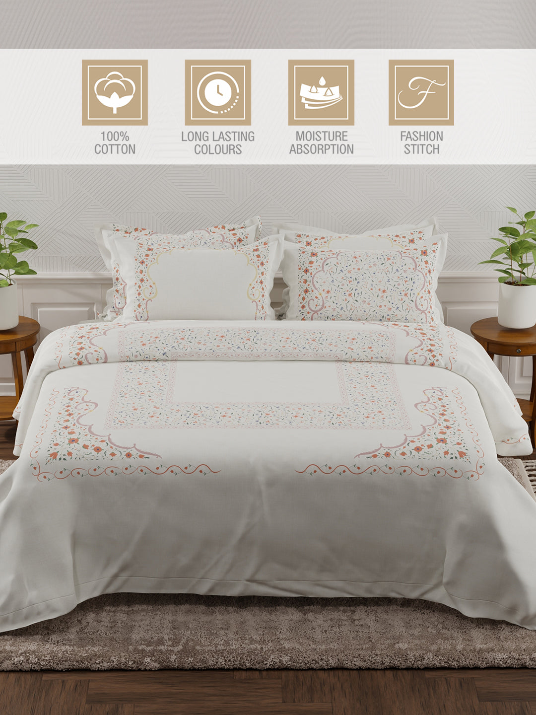 Meenakari Design Prints | 100% Cotton 800 TC White & Red Digitally Printed 1 Bedsheet and 4 Pillow Covers | Platinum Pulse Collection