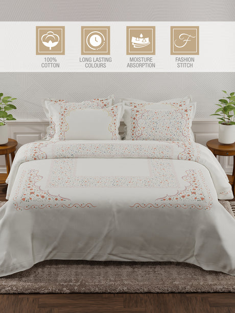 Meenakari Design Prints | 100% Cotton 800 TC White & Red Digitally Printed 1 Bedsheet and 4 Pillow Covers | Platinum Pulse Collection