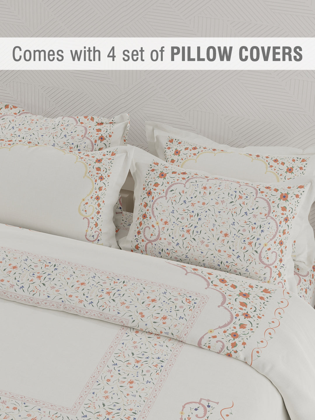 Meenakari Design Prints | 100% Cotton 800 TC White & Red Digitally Printed 1 Bedsheet and 4 Pillow Covers | Platinum Pulse Collection