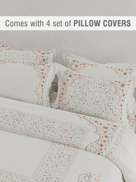 Meenakari Design Prints | 100% Cotton 800 TC White & Red Digitally Printed 1 Bedsheet and 4 Pillow Covers | Platinum Pulse Collection