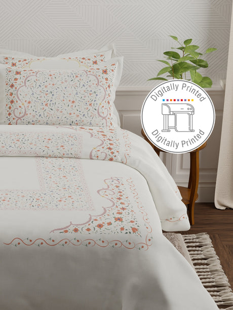 Meenakari Design Prints | 100% Cotton 800 TC White & Red Digitally Printed 1 Bedsheet and 4 Pillow Covers | Platinum Pulse Collection