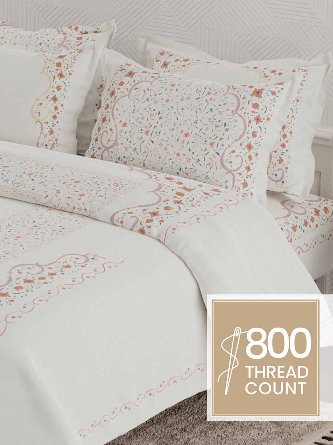 Meenakari Design Prints | 100% Cotton 800 TC White & Red Digitally Printed 1 Bedsheet and 4 Pillow Covers | Platinum Pulse Collection