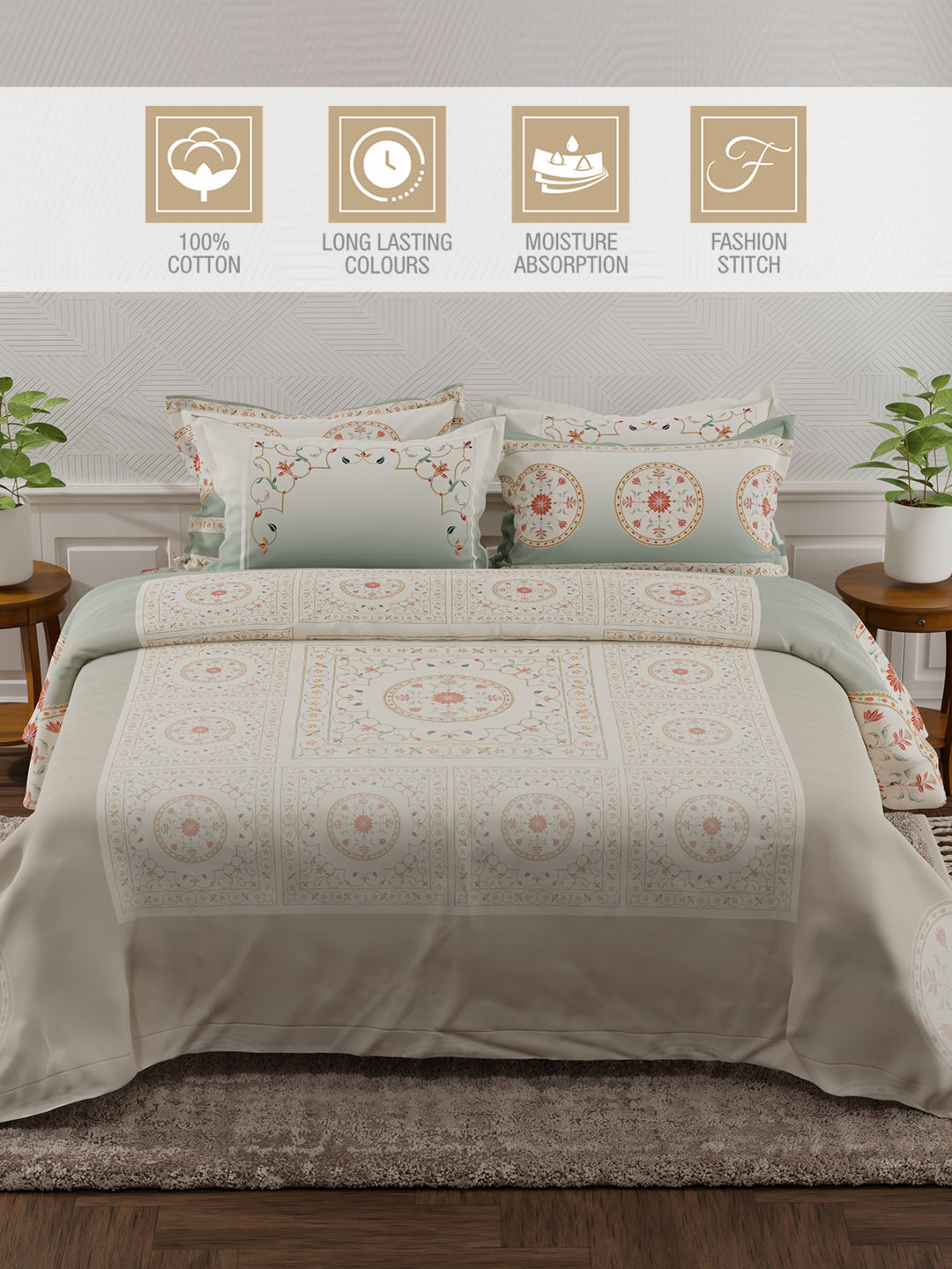 Meenakari Design Prints | 100% Cotton 800 TC Grey Digitally Printed 1 Bedsheet and 4 Pillow Covers | Platinum Pulse Collection