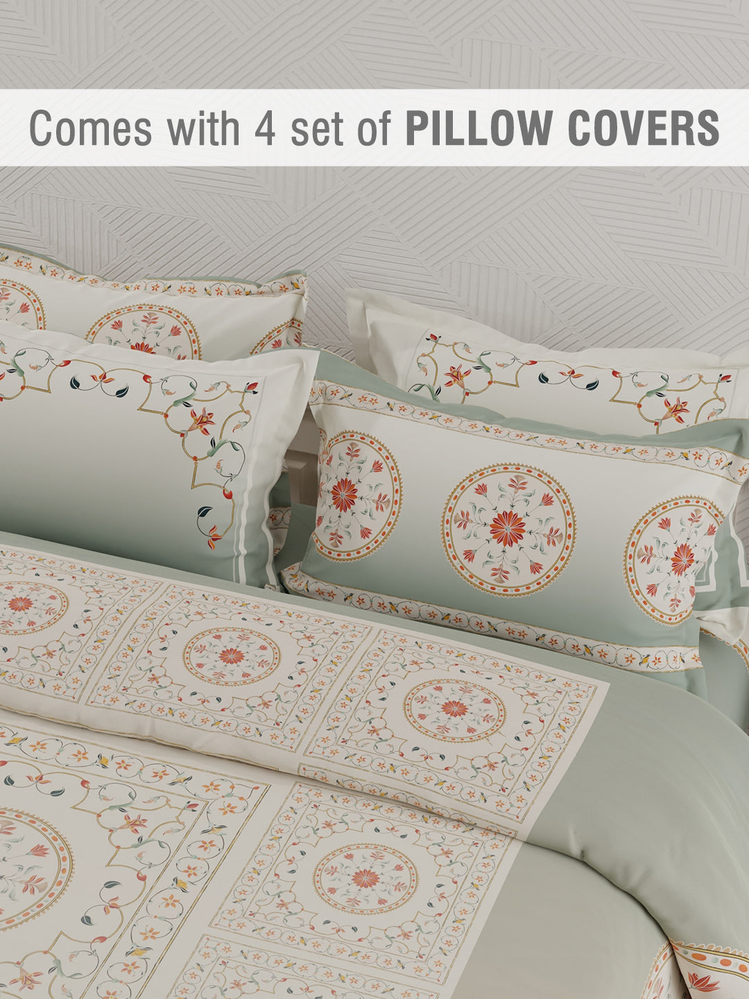Meenakari Design Prints | 100% Cotton 800 TC Grey Digitally Printed 1 Bedsheet and 4 Pillow Covers | Platinum Pulse Collection