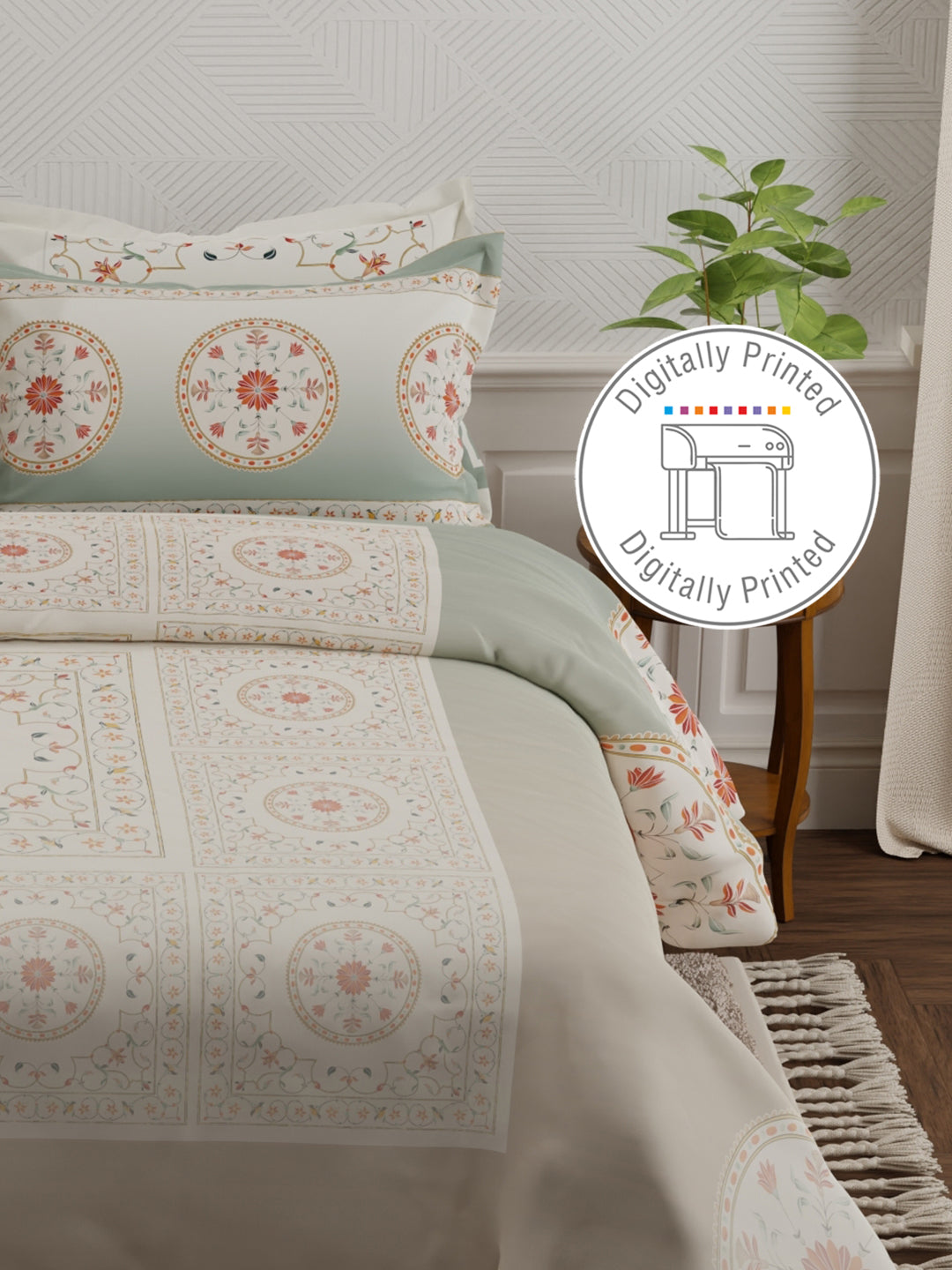 Meenakari Design Prints | 100% Cotton 800 TC Grey Digitally Printed 1 Bedsheet and 4 Pillow Covers | Platinum Pulse Collection
