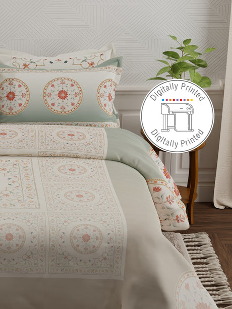 Meenakari Design Prints | 100% Cotton 800 TC Grey Digitally Printed 1 Bedsheet and 4 Pillow Covers | Platinum Pulse Collection
