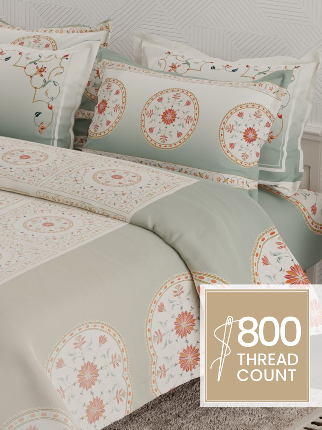 Meenakari Design Prints | 100% Cotton 800 TC Grey Digitally Printed 1 Bedsheet and 4 Pillow Covers | Platinum Pulse Collection