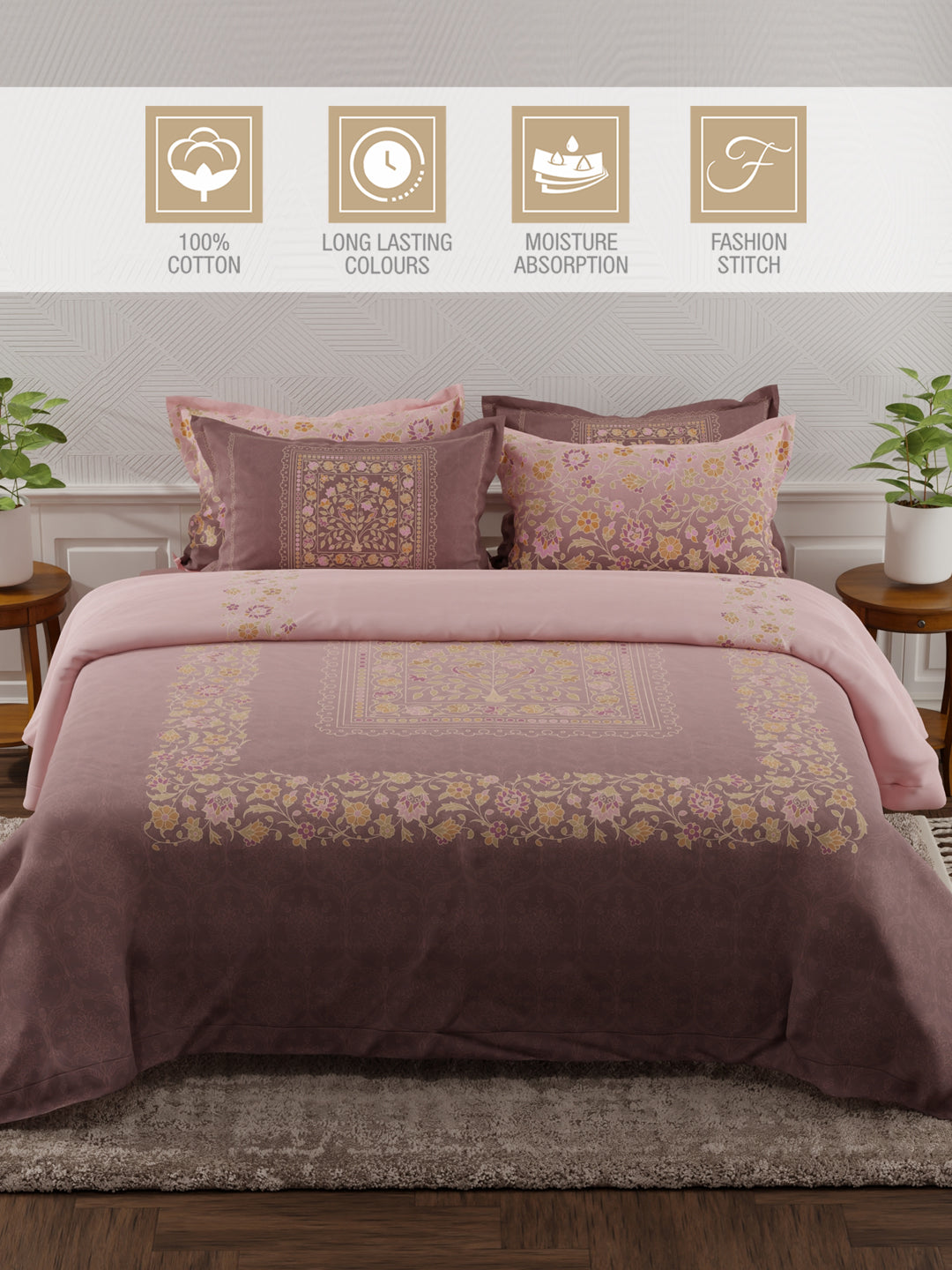 Meenakari Design Prints | 100% Cotton 800 TC Purple Digitally Printed 1 Bedsheet and 4 Pillow Covers | Platinum Pulse Collection