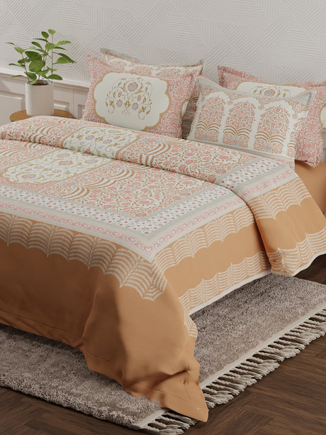 Meenakari Design Prints | 100% Cotton 800 TC Brown & Red Digitally Printed 1 Bedsheet and 4 Pillow Covers | Platinum Pulse Collection
