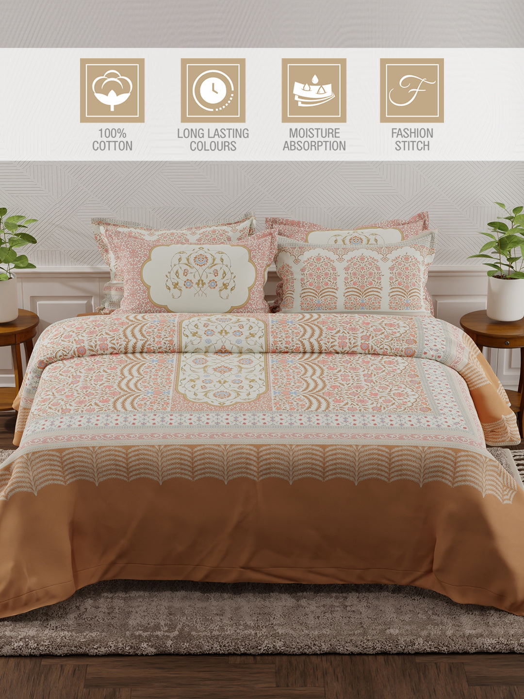 Meenakari Design Prints | 100% Cotton 800 TC Brown & Red Digitally Printed 1 Bedsheet and 4 Pillow Covers | Platinum Pulse Collection