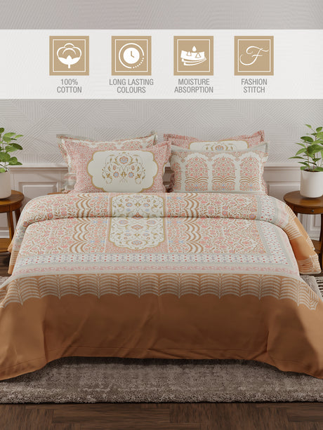 Meenakari Design Prints | 100% Cotton 800 TC Brown & Red Digitally Printed 1 Bedsheet and 4 Pillow Covers | Platinum Pulse Collection