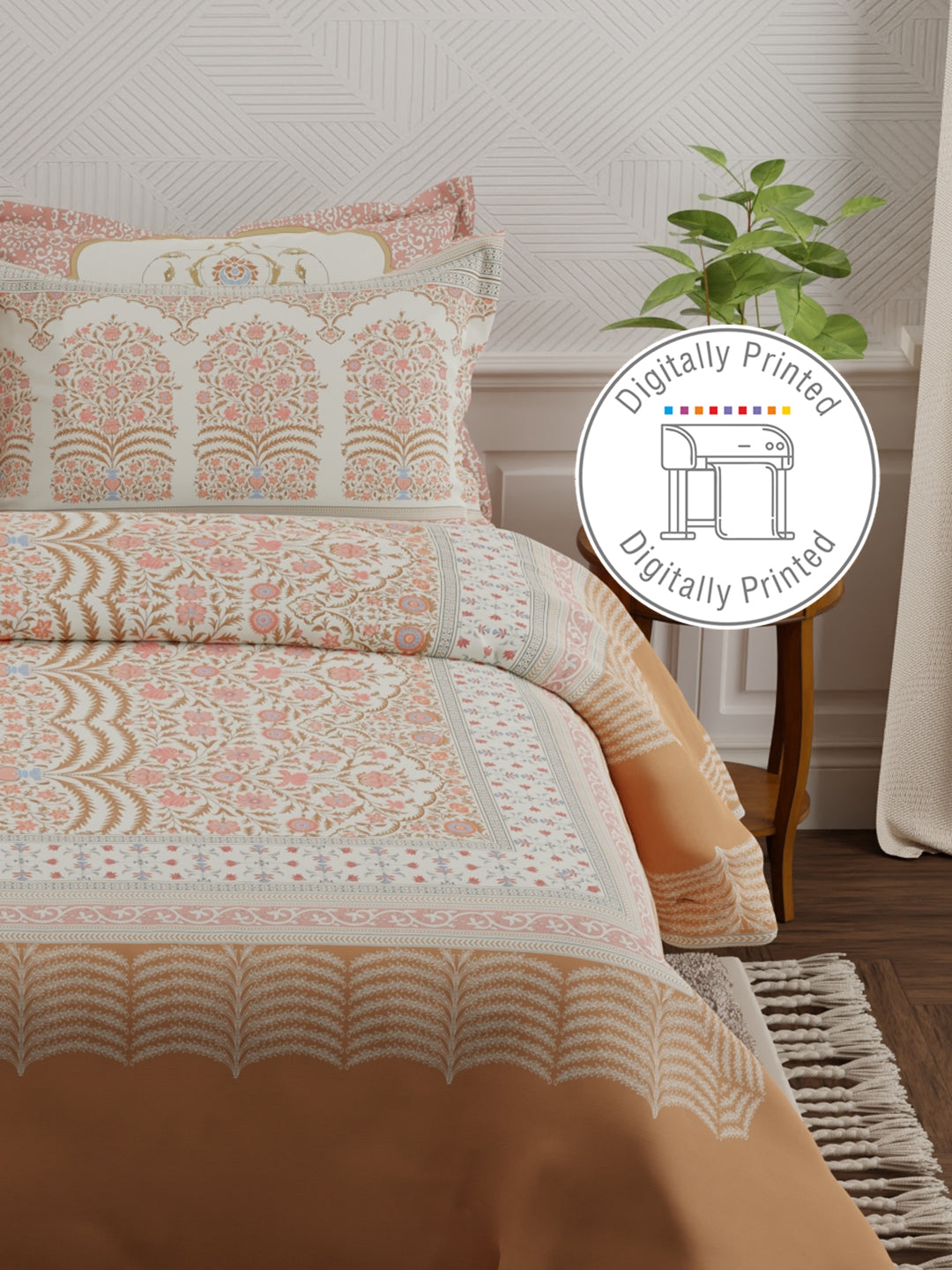 Meenakari Design Prints | 100% Cotton 800 TC Brown & Red Digitally Printed 1 Bedsheet and 4 Pillow Covers | Platinum Pulse Collection