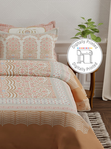 Meenakari Design Prints | 100% Cotton 800 TC Brown & Red Digitally Printed 1 Bedsheet and 4 Pillow Covers | Platinum Pulse Collection