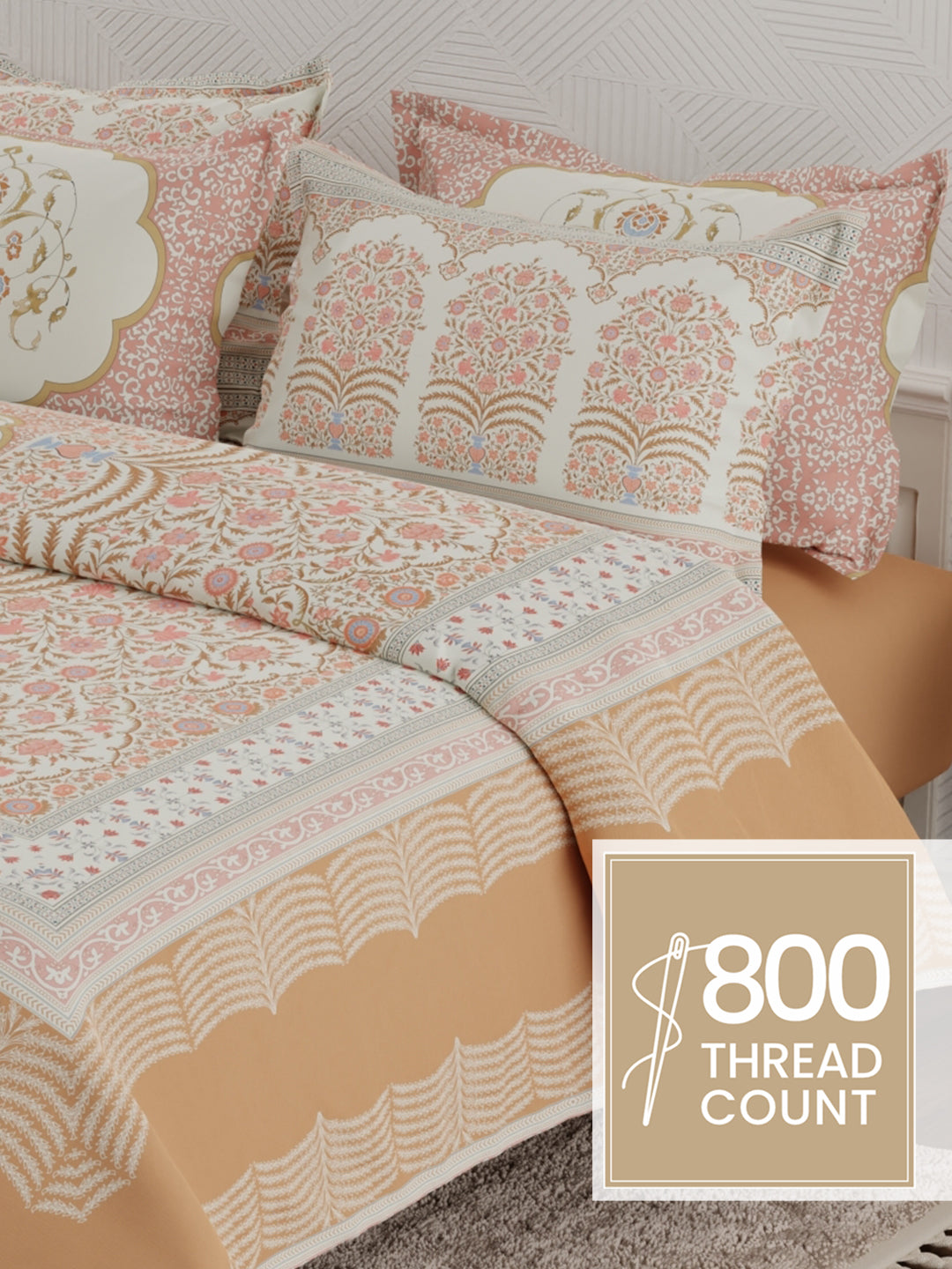 Meenakari Design Prints | 100% Cotton 800 TC Brown & Red Digitally Printed 1 Bedsheet and 4 Pillow Covers | Platinum Pulse Collection