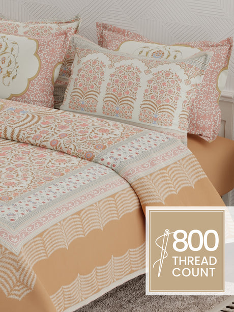 Meenakari Design Prints | 100% Cotton 800 TC Brown & Red Digitally Printed 1 Bedsheet and 4 Pillow Covers | Platinum Pulse Collection
