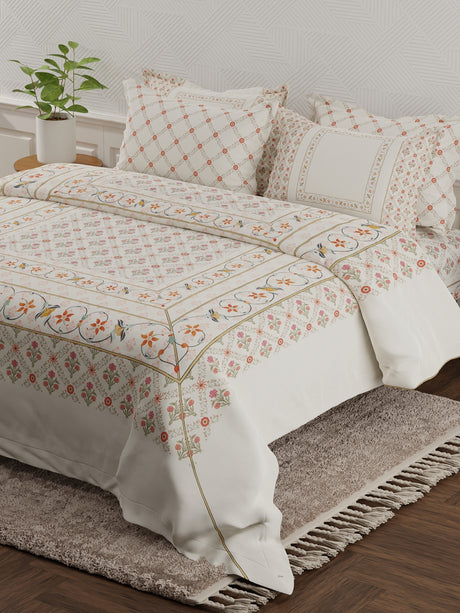 Meenakari Design Prints | 100% Cotton 800 TC White Digitally Printed 1 Bedsheet and 4 Pillow Covers | Platinum Pulse Collection