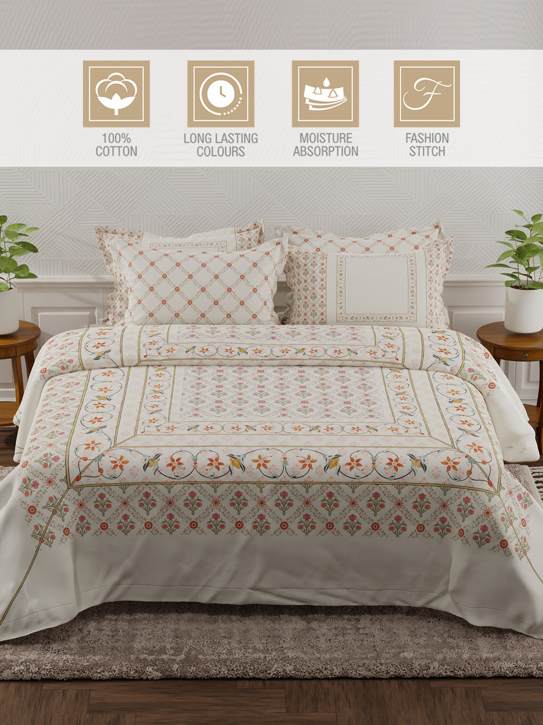 Meenakari Design Prints | 100% Cotton 800 TC White Digitally Printed 1 Bedsheet and 4 Pillow Covers | Platinum Pulse Collection